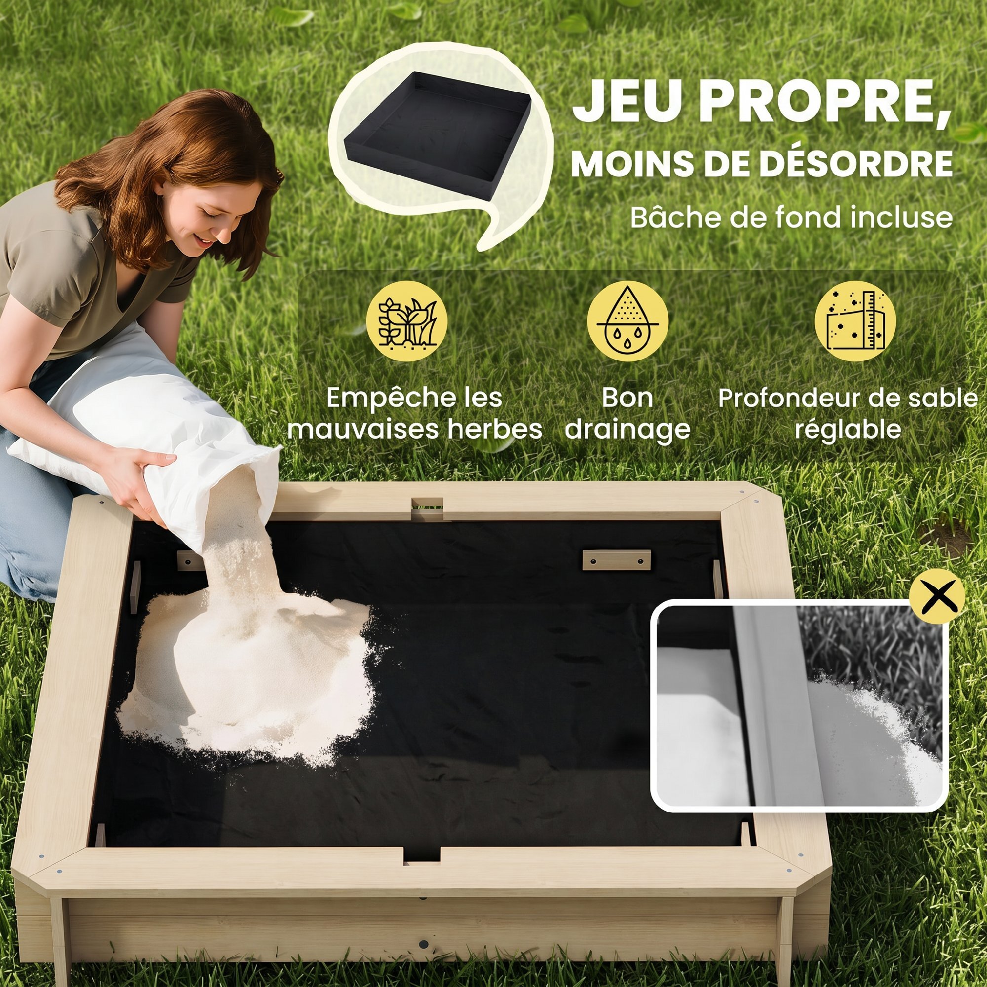 Bac à sable carré en bois pour enfant dim. 106L x 106l cm avec bancs et couvercle - auvent réglable