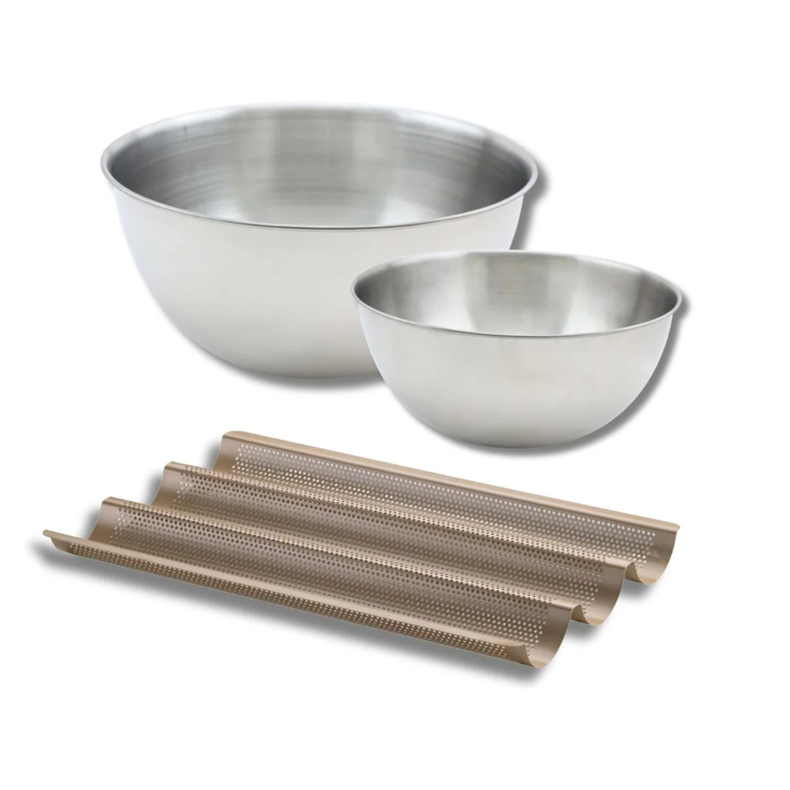 Lot comprenant 1 moule baguette 3 empreintes, 1 spatule Zenker et 2 bols à mixer en inox Fackelmann