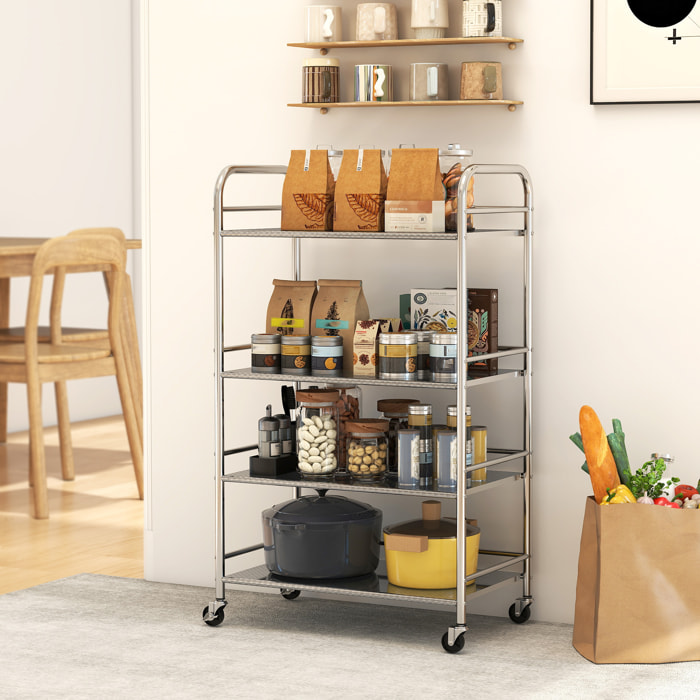 Carrito Auxiliar con Ruedas de Acero Inoxidable, Carro de Servicio de 4 Niveles con Estantes Ajustables, 4 Ruedas, Carrito para Cocina, Restaurante, 60x35x100 cm, Plata