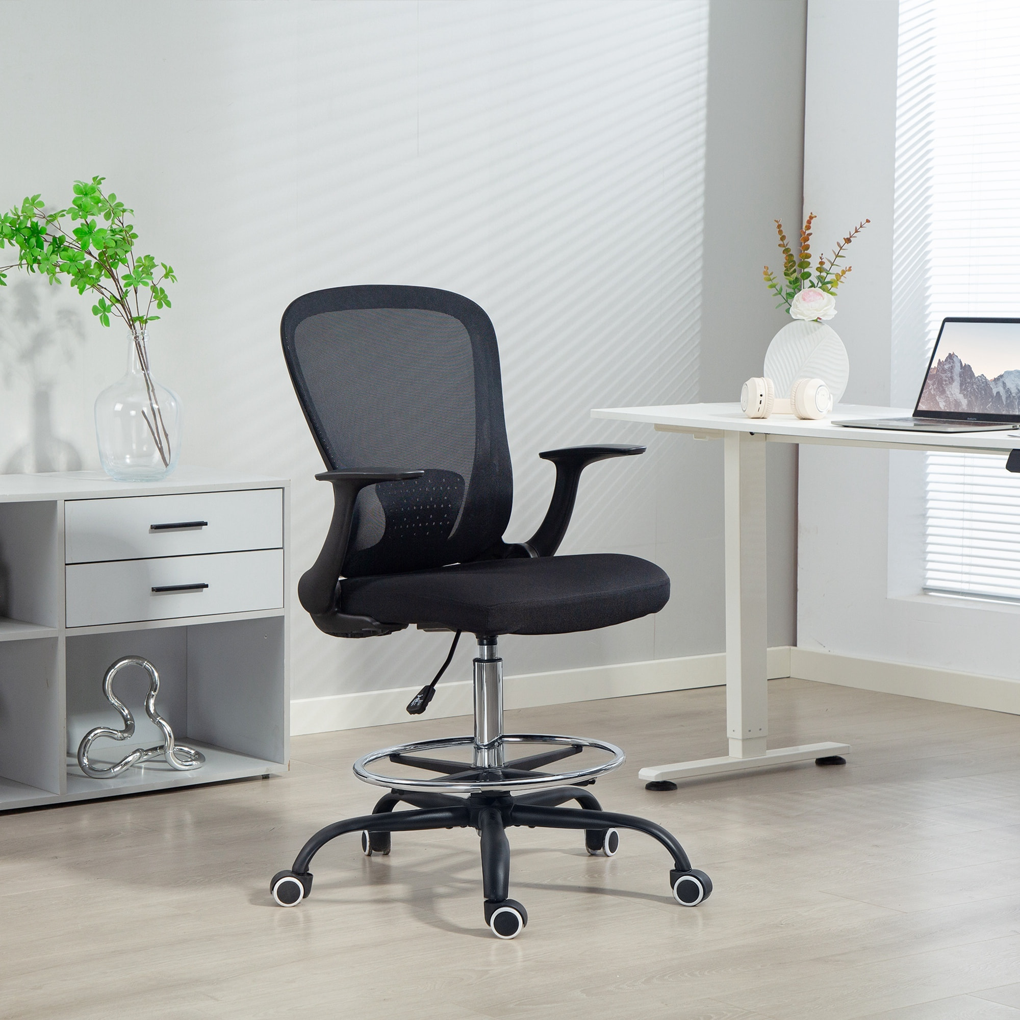 Chaise bureau ergonomique assise haute réglable 54-74cm pivotant 360° accoudoirs relevables maille respirante noir