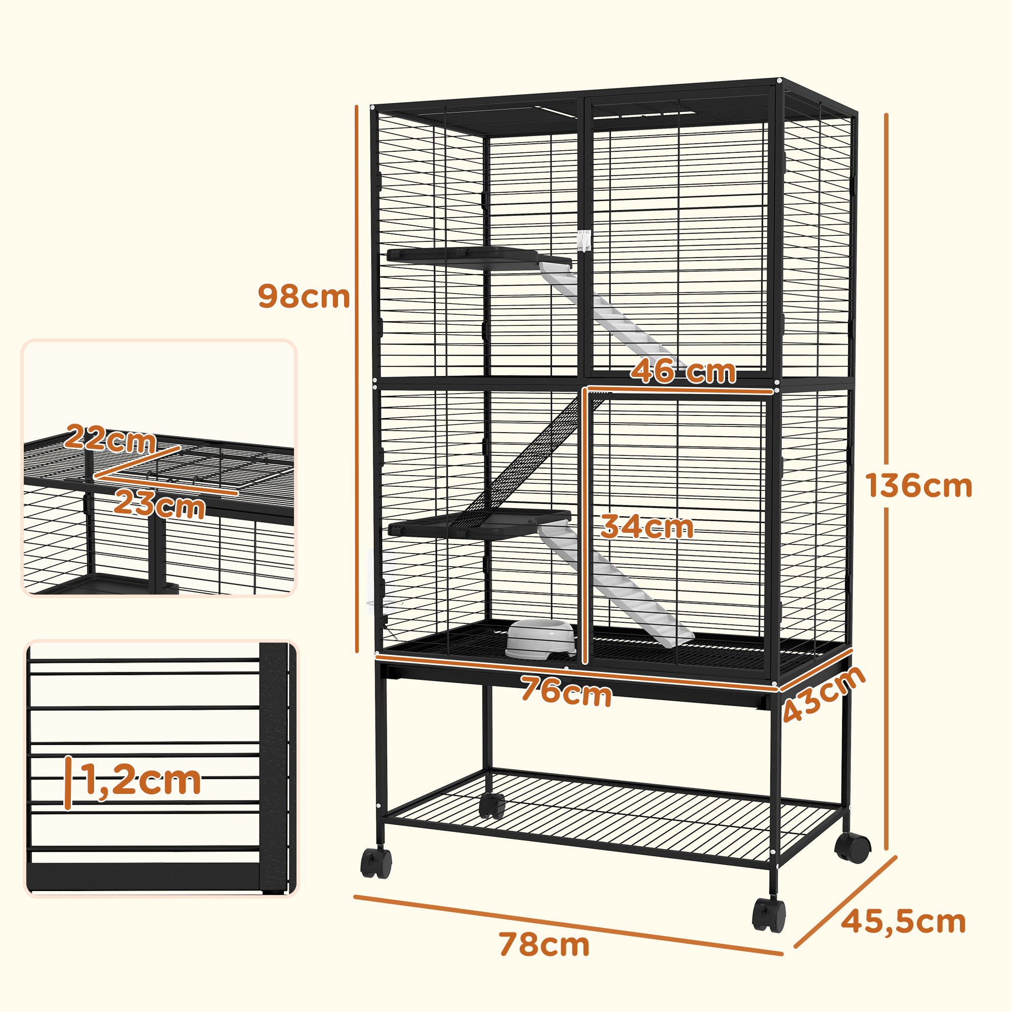 Jaula para Animales Pequeños de 4 Niveles Parque para Mascotas con Ruedas Rampa Cuenco Botella de Agua y Bandeja Extraíble Recinto para Conejos Chinchillas Hurones 78x45,5x136 cm Negro