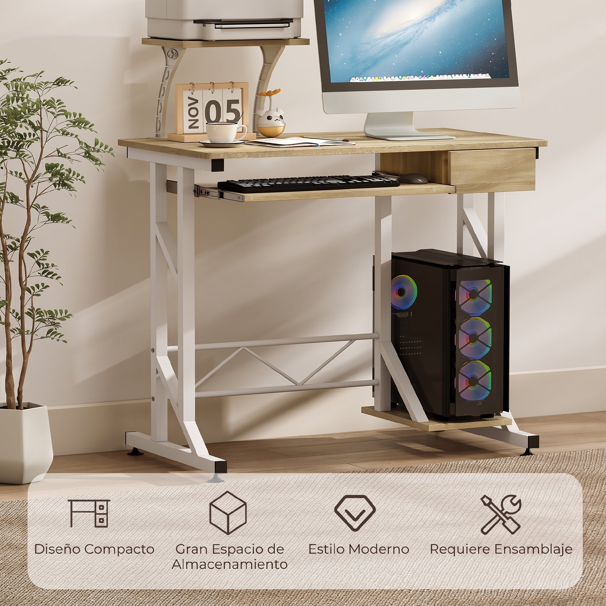 HOMCOM Mesa de Escritorio Mesa de Estudio con Bandeja de Teclado y Cajón Mesa de Ordenador para Despacho Oficina 90x50x100 cm Roble