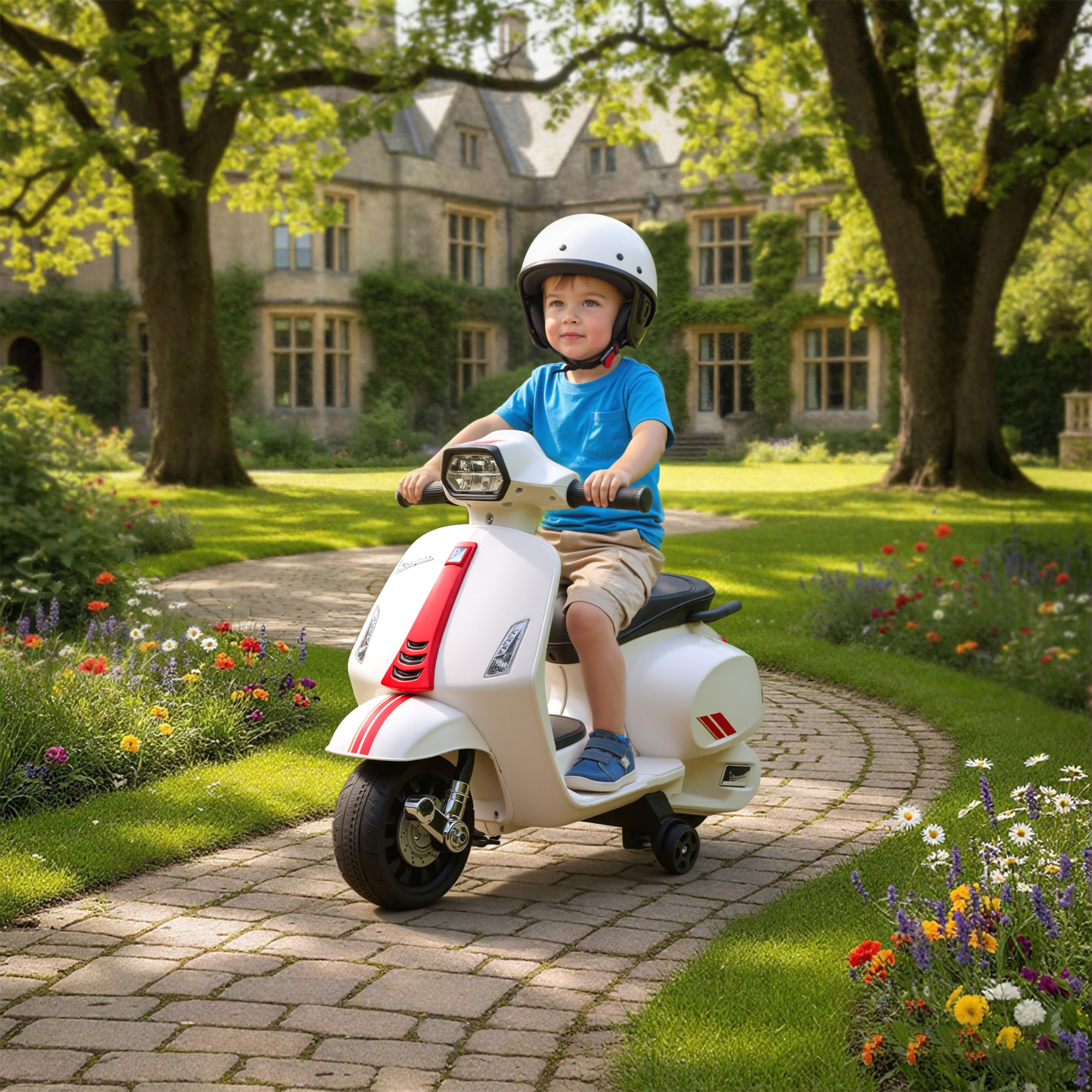Moto Eléctrica para Niños 6V con Licencia Vespa, Moto Eléctrica Infantil con Ruedas Auxiliares de 6,9'', Velocidad de 2,5km/h, Faro y Bocina, para Niños de 2-6 Años, Blanco