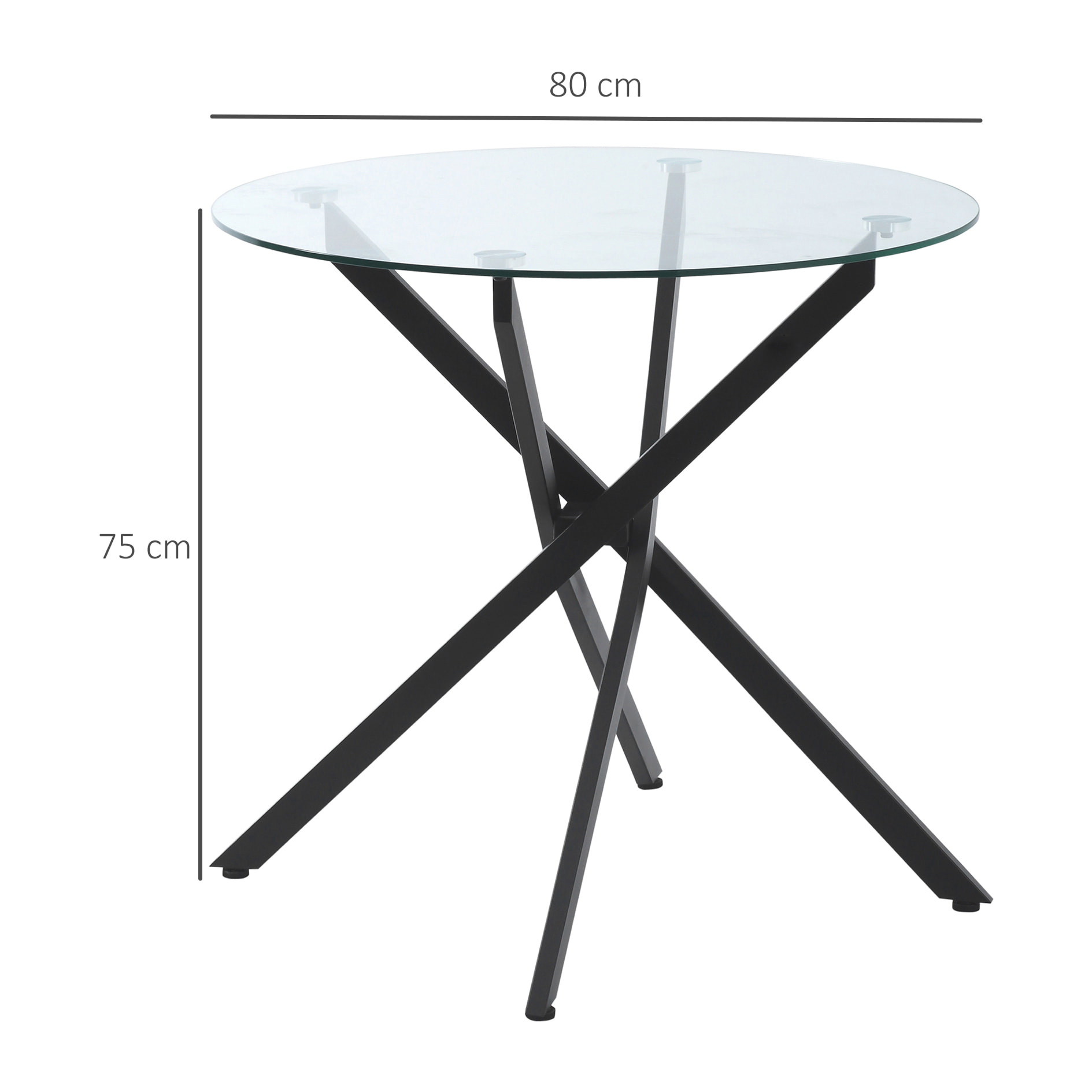 HOMCOM Mesa de Comedor Redonda con Encimera de Cristal Templado Transparente y Patas Cruzadas de Metal Mesa de Centro Moderna para Salón Ø80x75 cm Negro