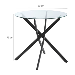 HOMCOM Mesa de Comedor Redonda con Encimera de Cristal Templado Transparente y Patas Cruzadas de Metal Mesa de Centro Moderna para Salón Ø80x75 cm Negro