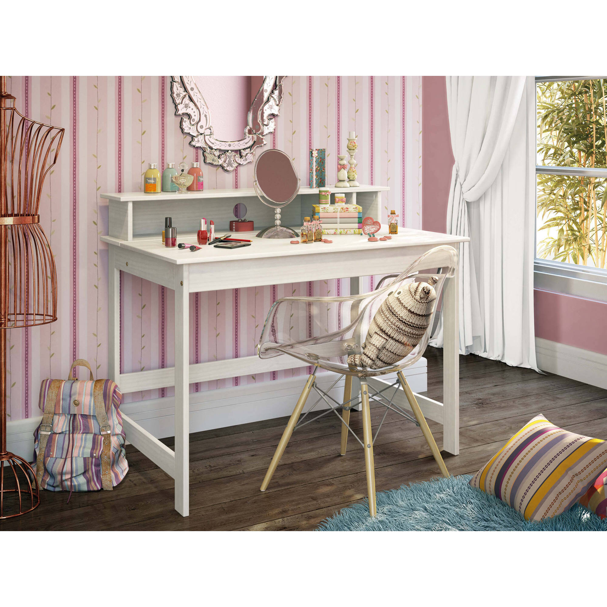 Scrivania in pino tinto bianco con piano sollevabile in MDF bianco, 110 x 76 x 68.5, Bianco