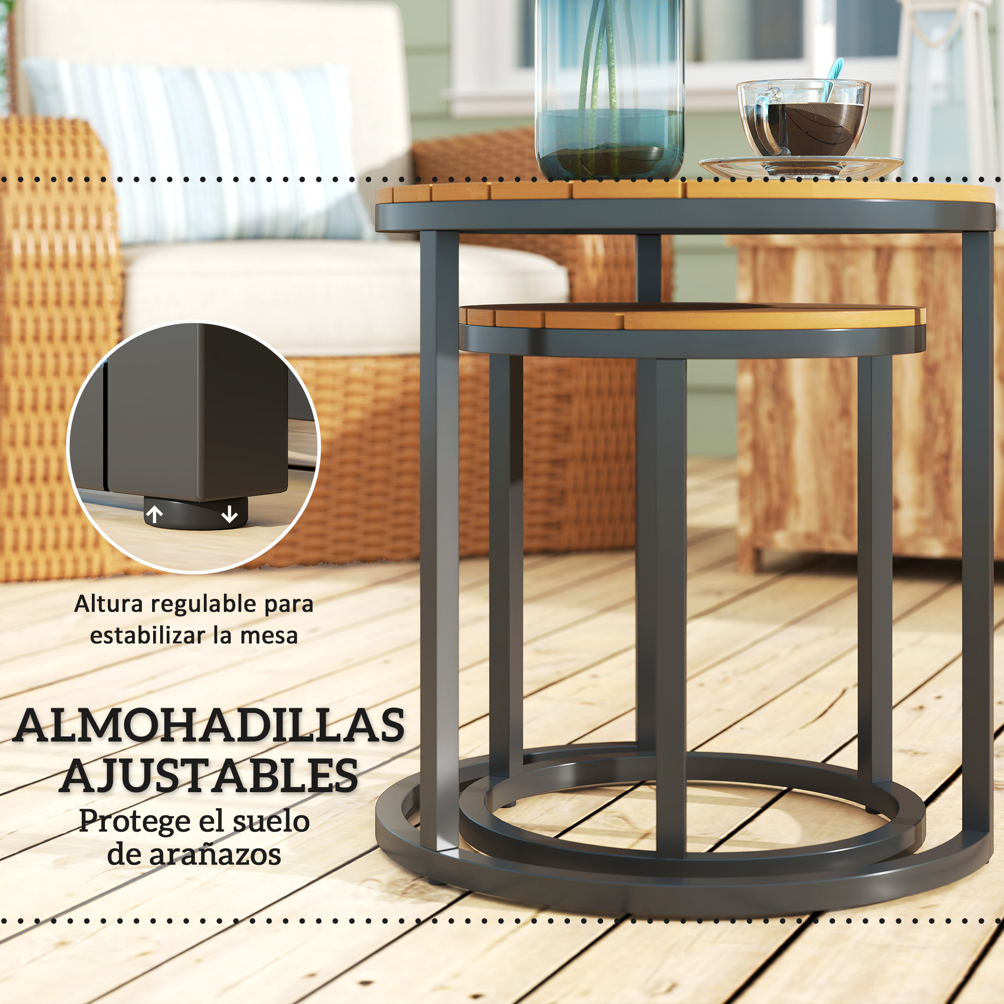 Juego de 2 Mesas de Jardín con Encimera de Madera de Acaica Diseño Listones Mesas Auxiliares de Jardín Nido con Marco de Acero y Pies Ajustables para Balcón Terraza Patio Teca y Negro