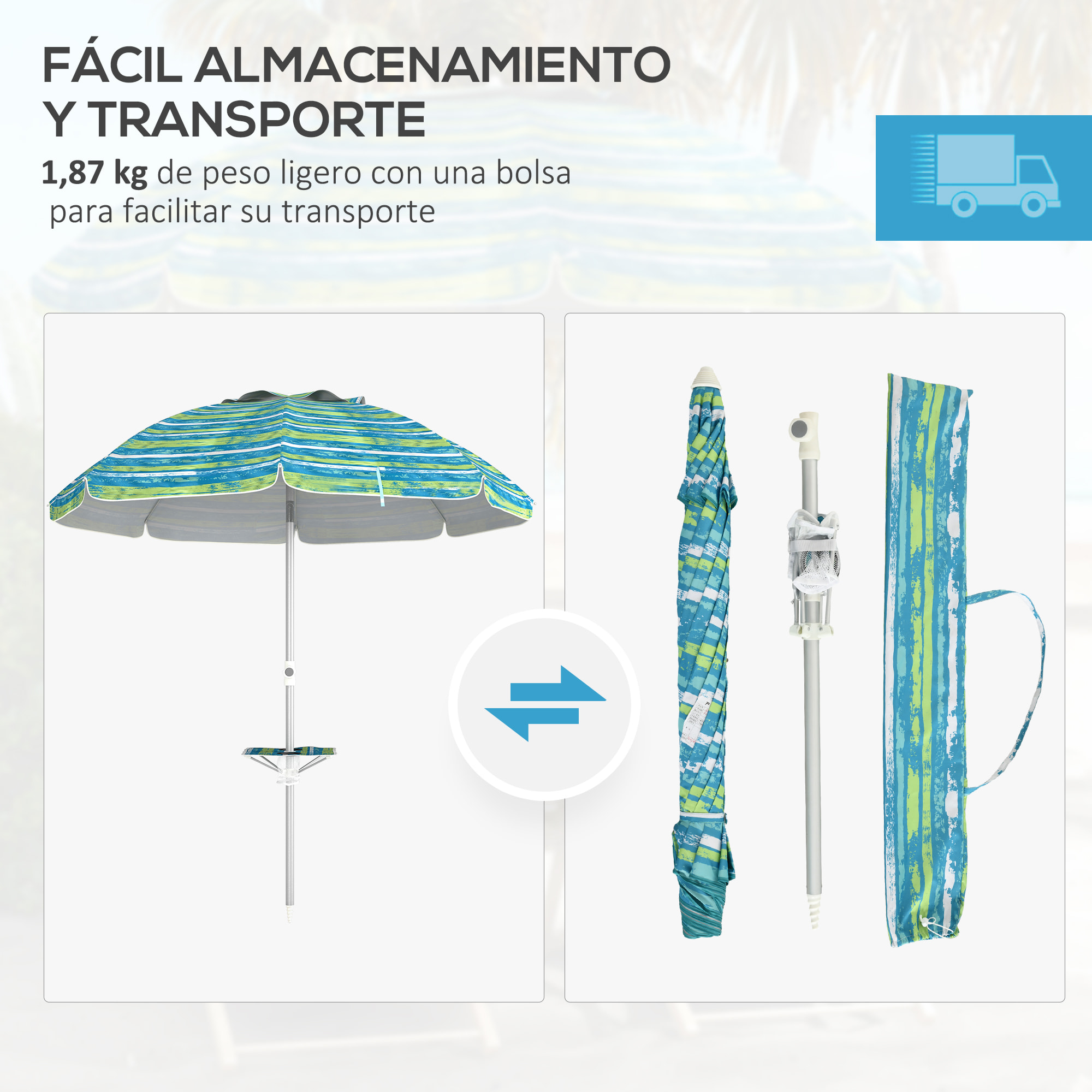 Sombrilla de Playa Ø190x215 cm Parasol para Terraza con Reclinación 45° Altura Ajustable Mesa con Portavasos Anti-UV Impermeable y Bolsa de Transporte para Jardín Piscina Multicolor