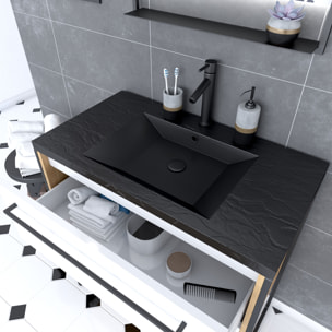 Meuble de salle de bain 80x50cm - vasque noir effet pierre 80x50cm - 2 tiroirs - miroir led