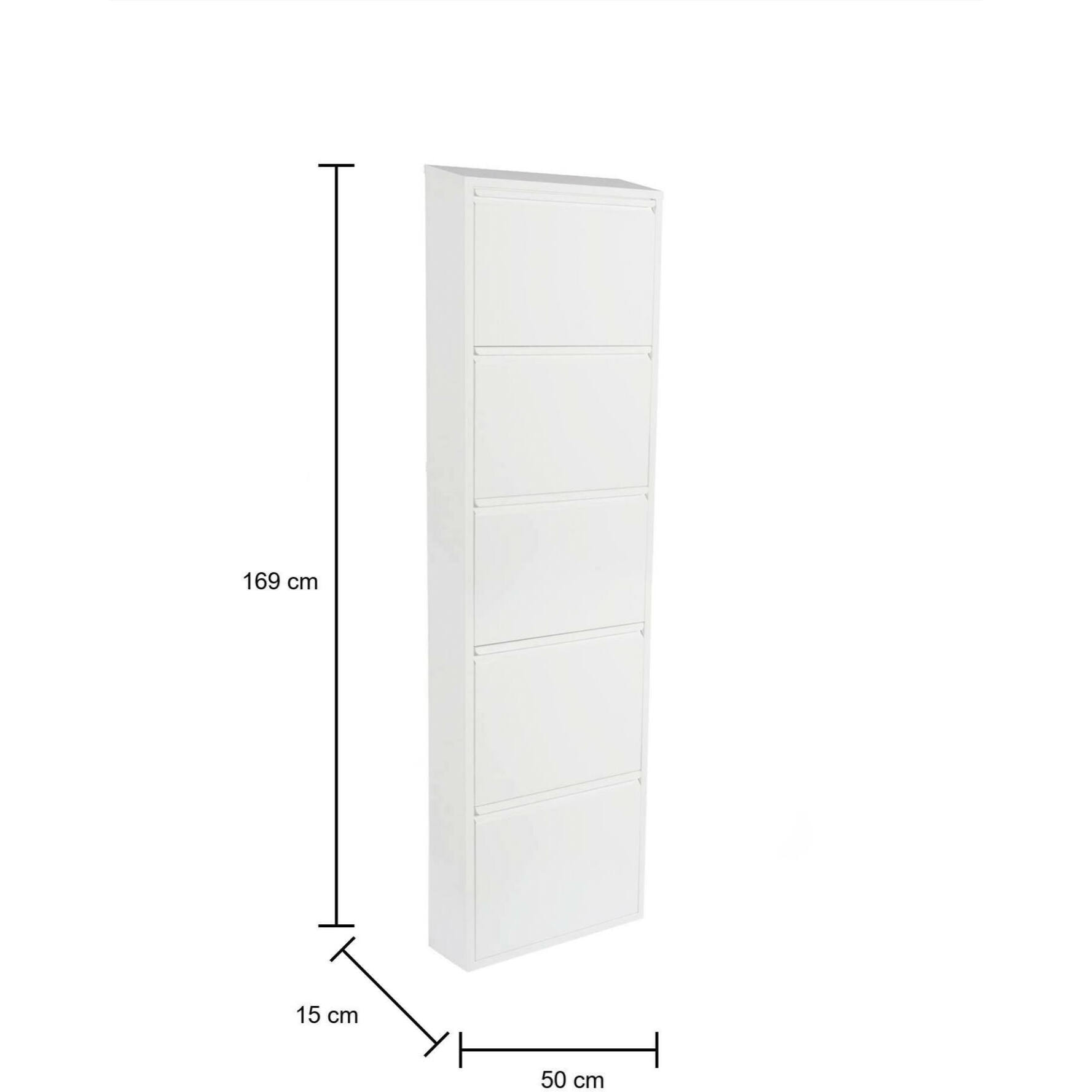 Scarpiera in metallo a cinque ante con ribalta, colore bianco, Misure 50 x 169 x 15 cm