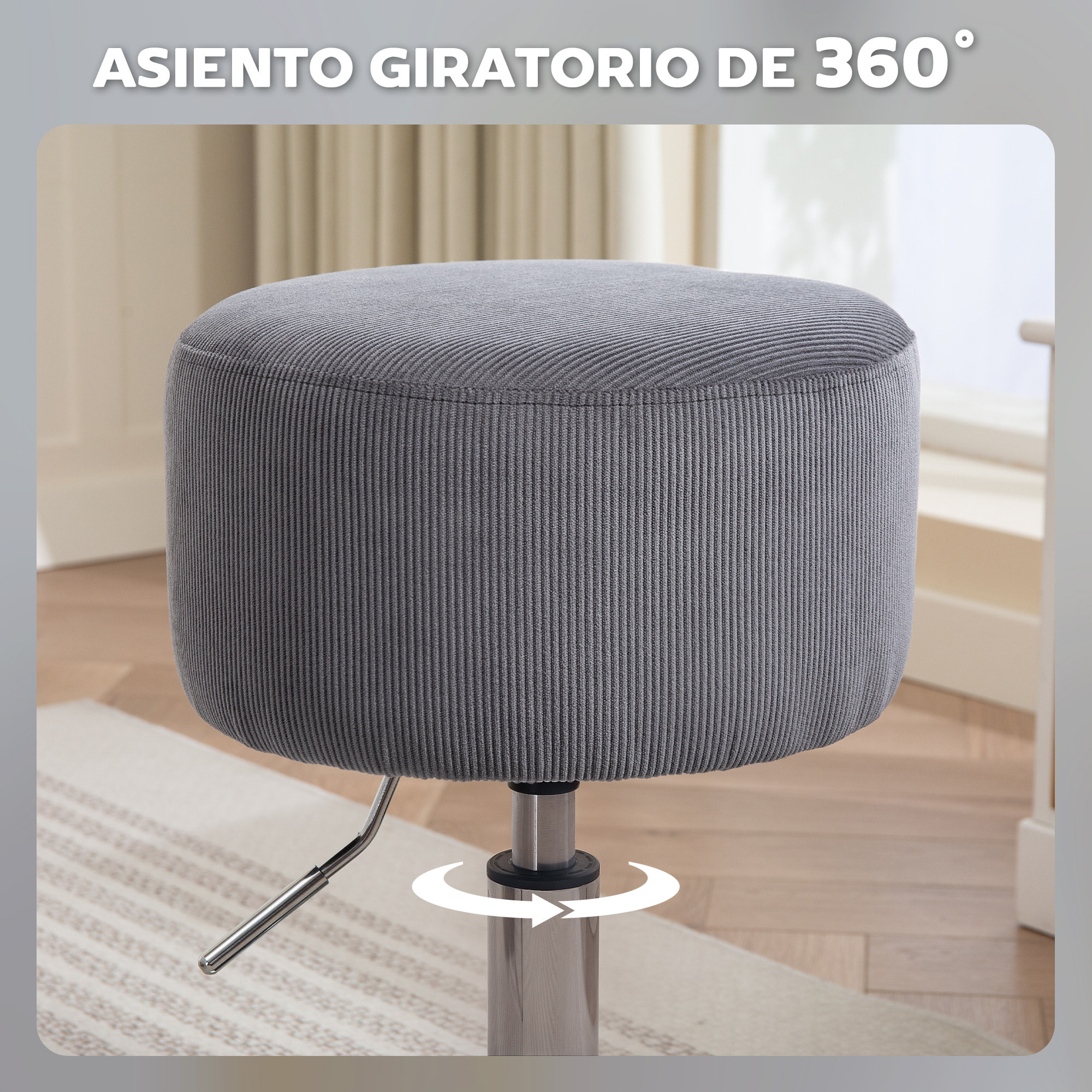 Taburete de Bar Taburete Alto de Cocina Regulable en Altura 52-66 cm Tapizado en Pana Giratorio en 360° para Comedor Tocador Mostrador Gris