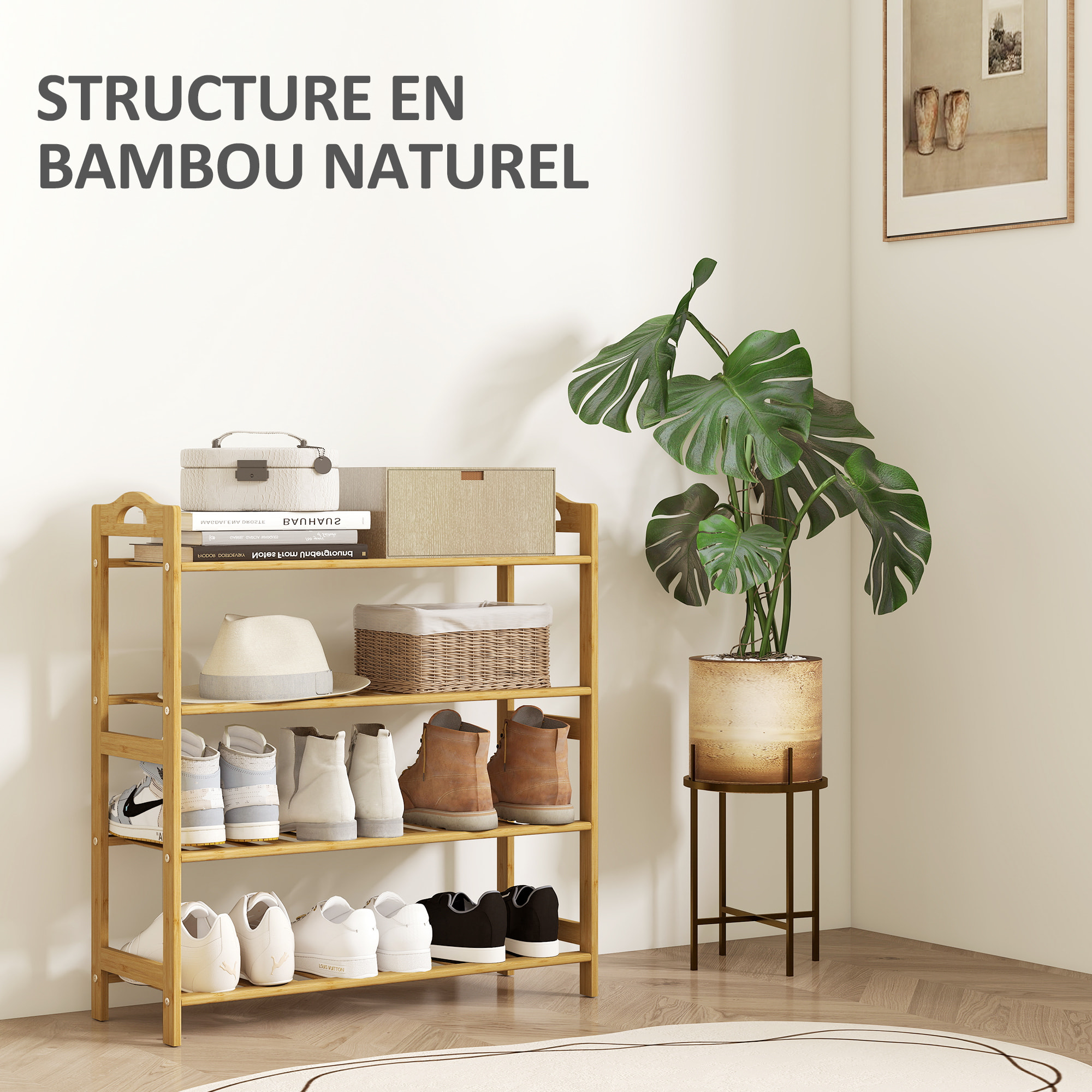 Étagère bambou style naturel - étagère à chaussures 4 niveaux - dim. 67,5 x 24,7 x 72 cm