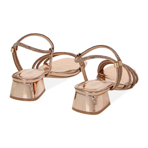 Sandalias con tacón dorado-rosa espejo con piedras