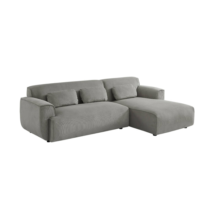 Canapé d'angle droit. 2 à 3 places. velours côtelé gris clair. Wallas L 196 x P 151 / 91 / x H 73cm