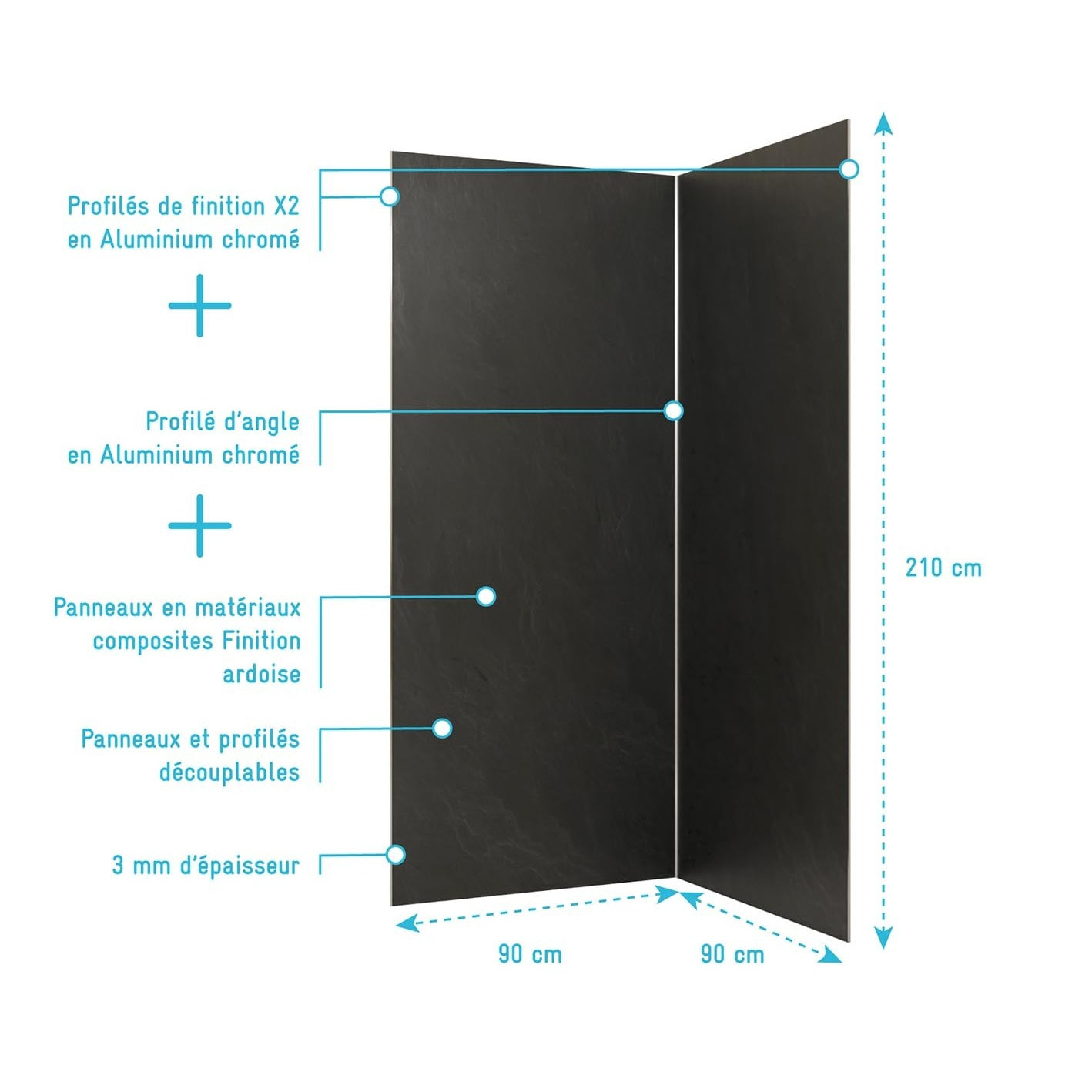 Pack 2 Panneaux Muraux Pierre Adoise 90x210 cm + Profilés Chrome