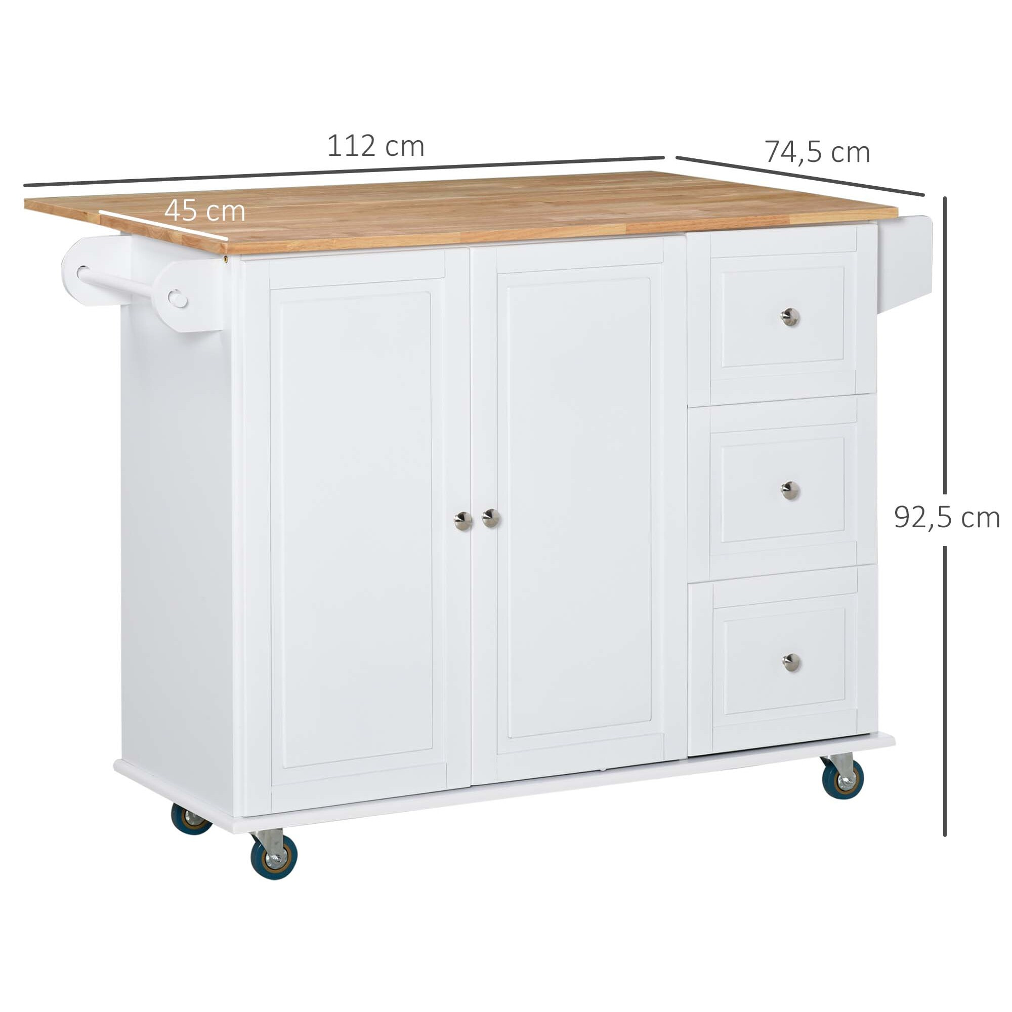 Carro de Cocina con Ruedas Carrito de Servicio con Encimera Extendida 3 Cajones 1 Armario con Estante Ajustable Interior Barra de Colgar y Especiero 128,8x75,5x92,5 cm Blanco