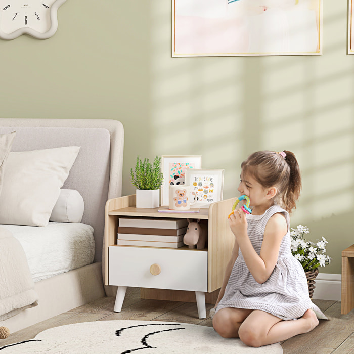 Mesita de Noche Infantil de Madera Mesita de Noche para Niños de +3 Años con Cajón y Bordes Redondeados para Dormitorio Roble y Blanco