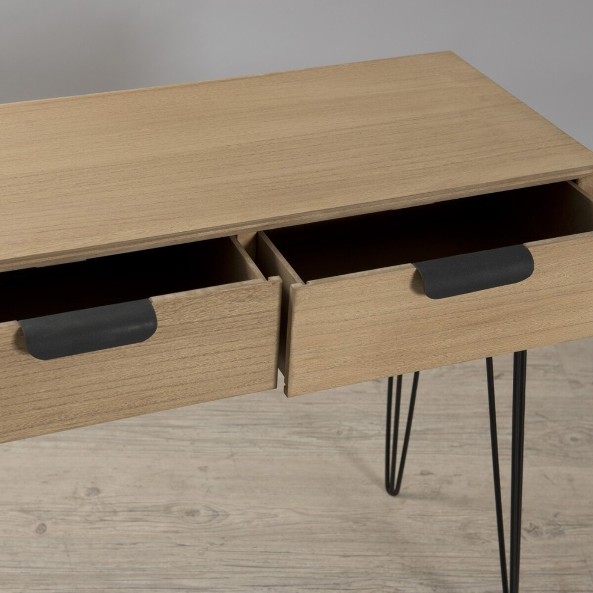 MARGAUX - Console bois naturel 2 tiroirs pieds épingles métal noir