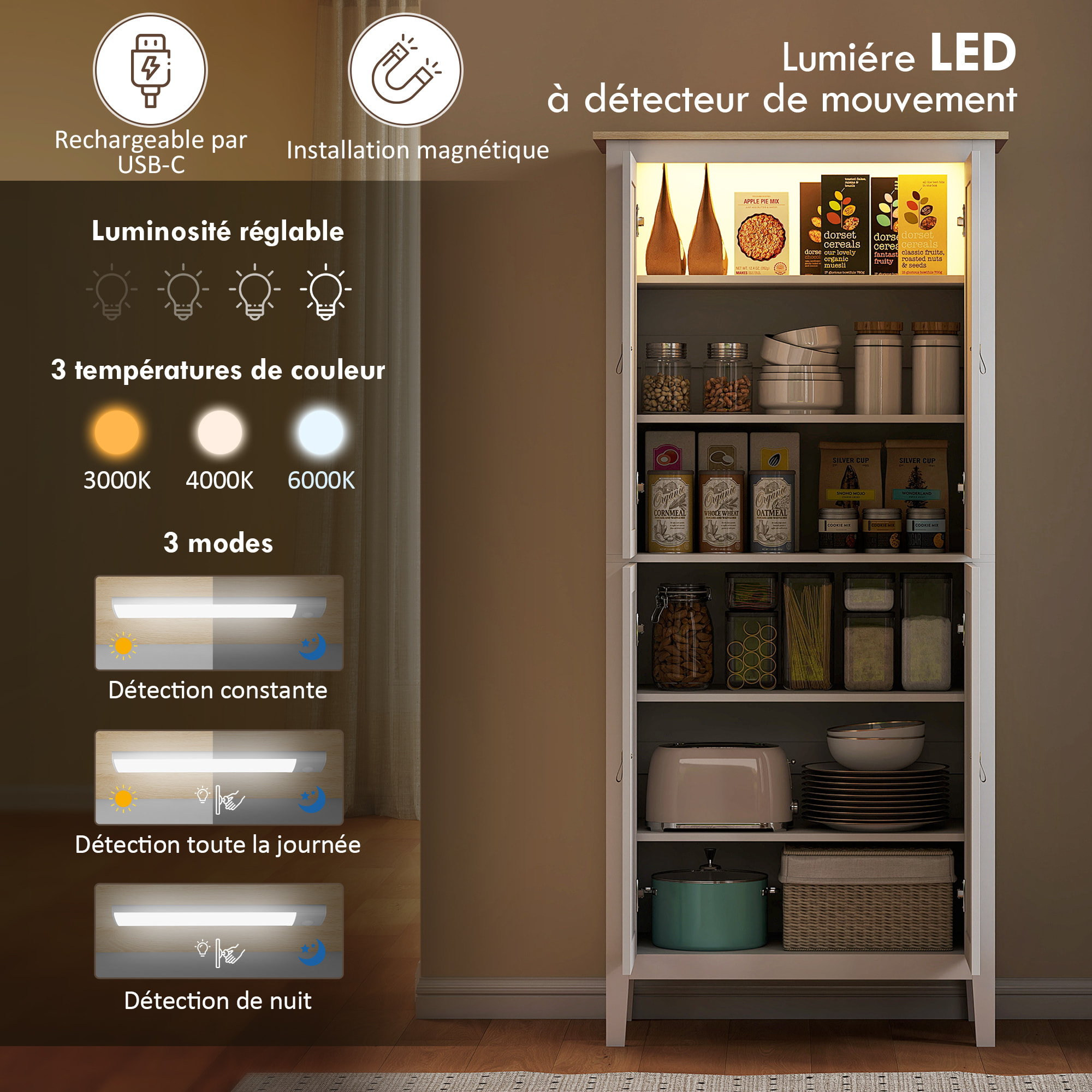 Armoire de cuisine LED - 4 portes, 6 niveaux - poignée bouton doré effet cuir MDF blanc effet bois
