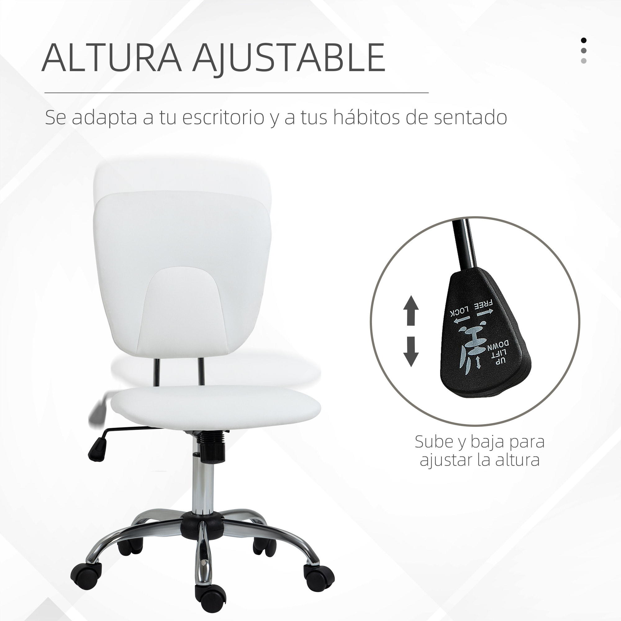 Silla de Oficina Silla de Escritorio Giratoria de Cuero PU con Altura Ajustable y Función de Inclinación para Salón Dormitorio Estudio Carga 120 kg 50x54x87,5-96,5 cm Blanco