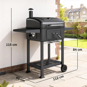Barbacoa de Carbón Portátil, Barbacoa de Carbón con Bandeja y Ventilación Ajustable, Gran Parrilla, Estantes Laterales, Termómetro, Tapa, Chimenea, Cajón de Cenizas, Ruedas, Puerta, Negro