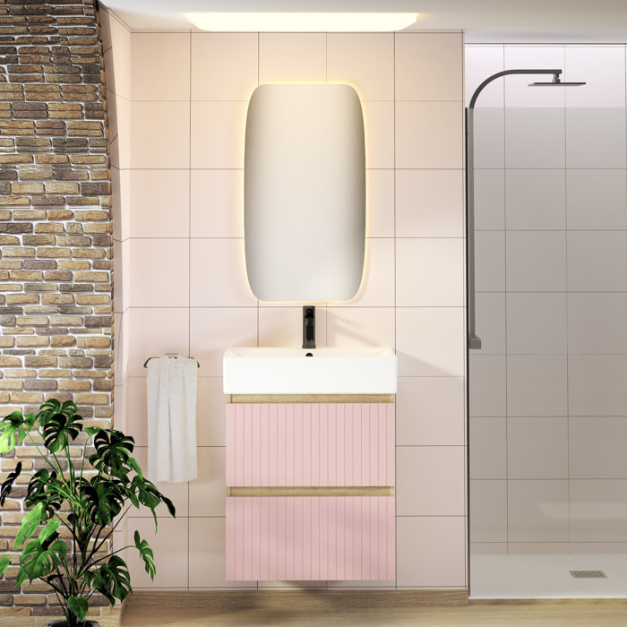Conjunto de Baño Zel | Mueble Suspendido | 60 cm Rosa | Dos Cajones | Lavabo Encastrado | No incluye Espejo | Mueble Montado| Alday