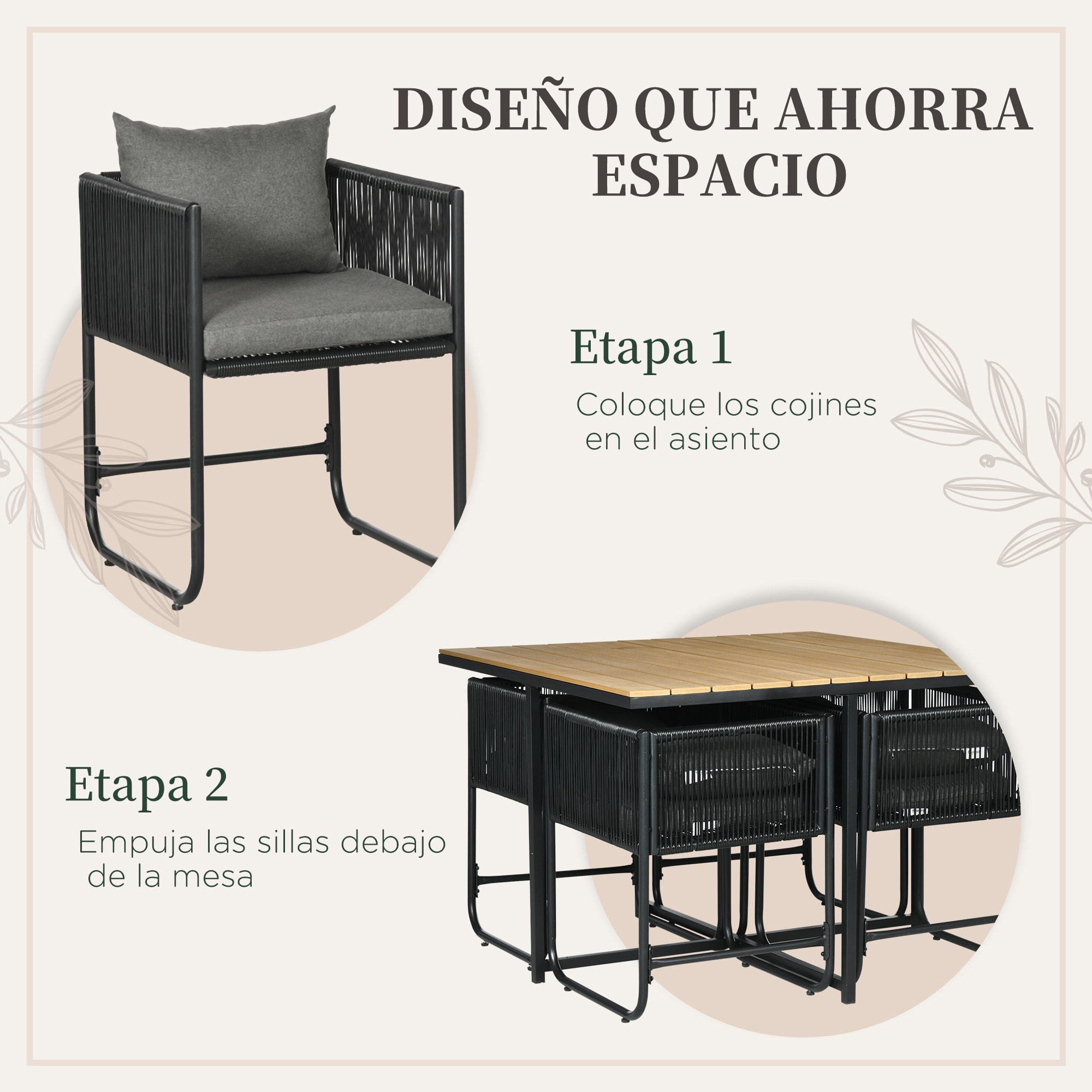 Conjunto de Jardín Exterior de Ratán Sintético Juego de Muebles de Jardín para Exterior de Ratán de 5 Piezas con Mesa Cuadrada 4 Sillas Cojines Negro y Natural