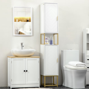 Meuble colonne rangement salle de bain design - 2 portes, 2 étagères, niche - acier doré MDF blanc