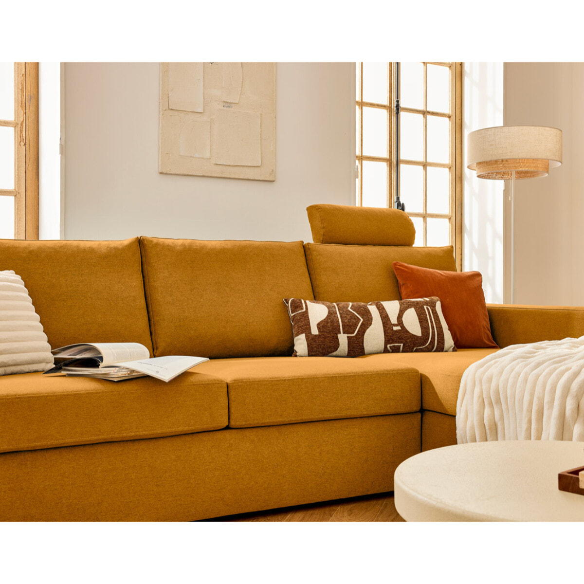 Barrie - canapé d'angle réversible 4 places avec têtière amovible en tissu - Jaune