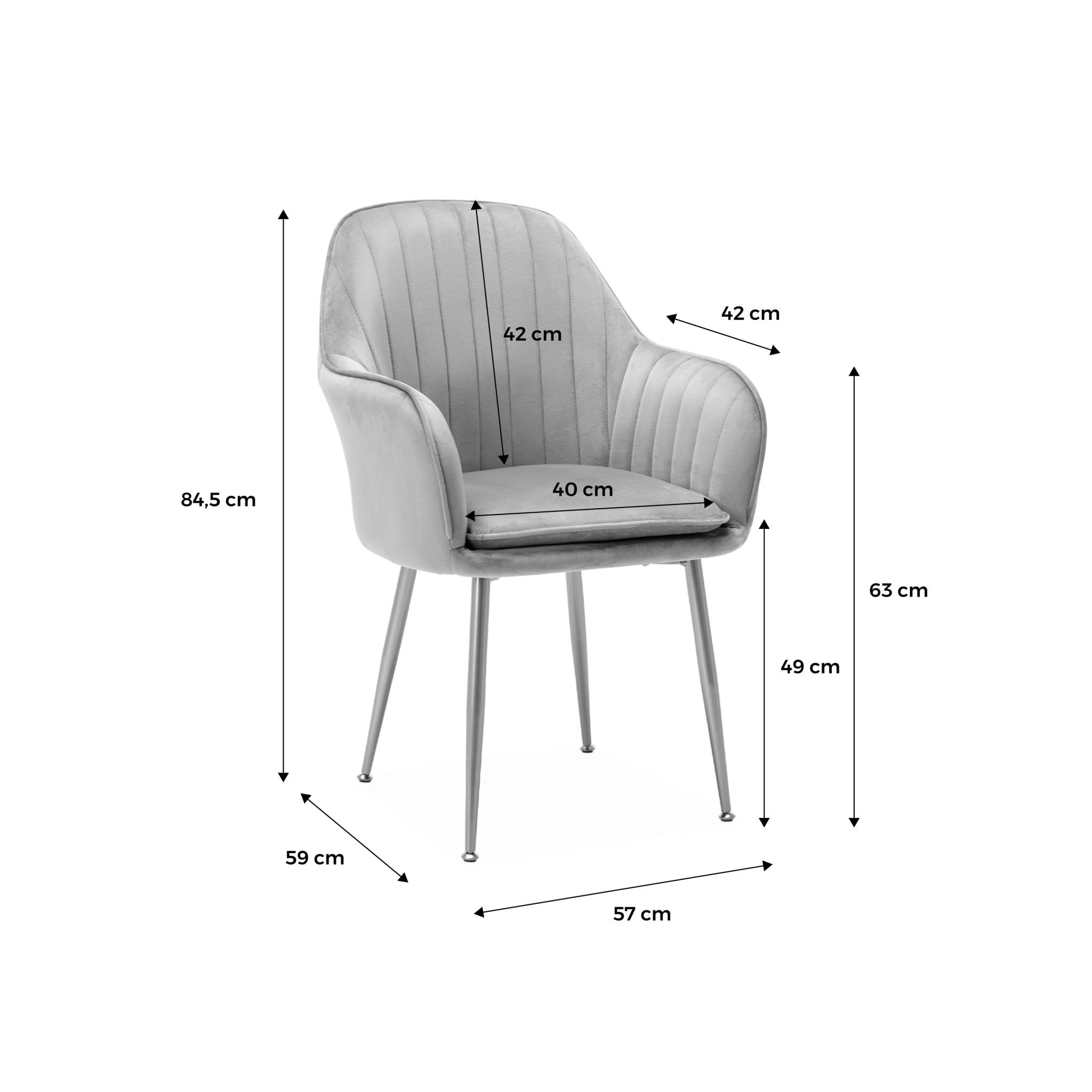 Lot de 4 fauteuils en velours blanc cassé et pieds en métal noir. Shella L 57 x P 59 x H 84.5