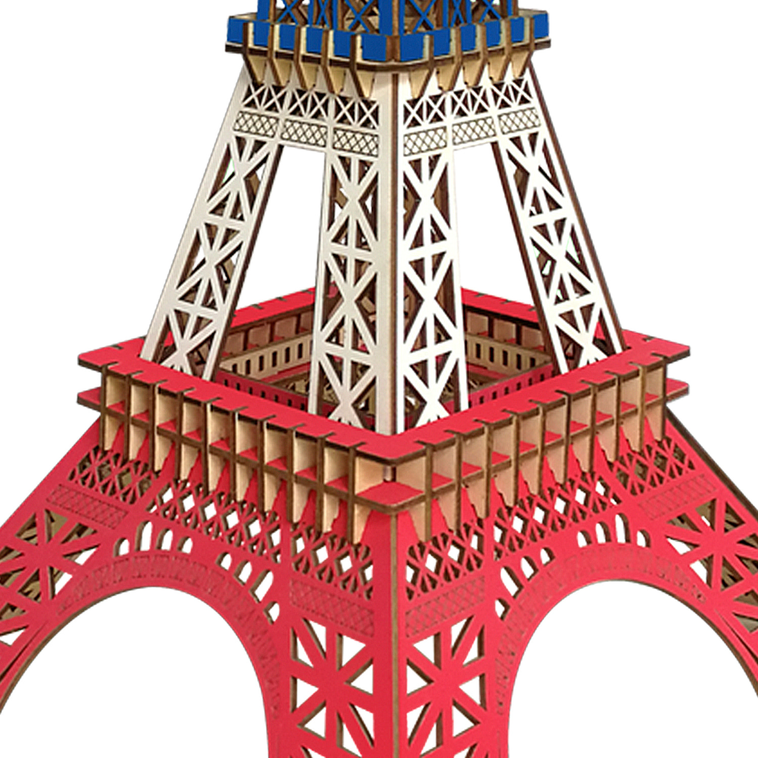 Maqueta 3D de madera. Torre Eiffel en París. 94 piezas. Color de la bandera francesa.