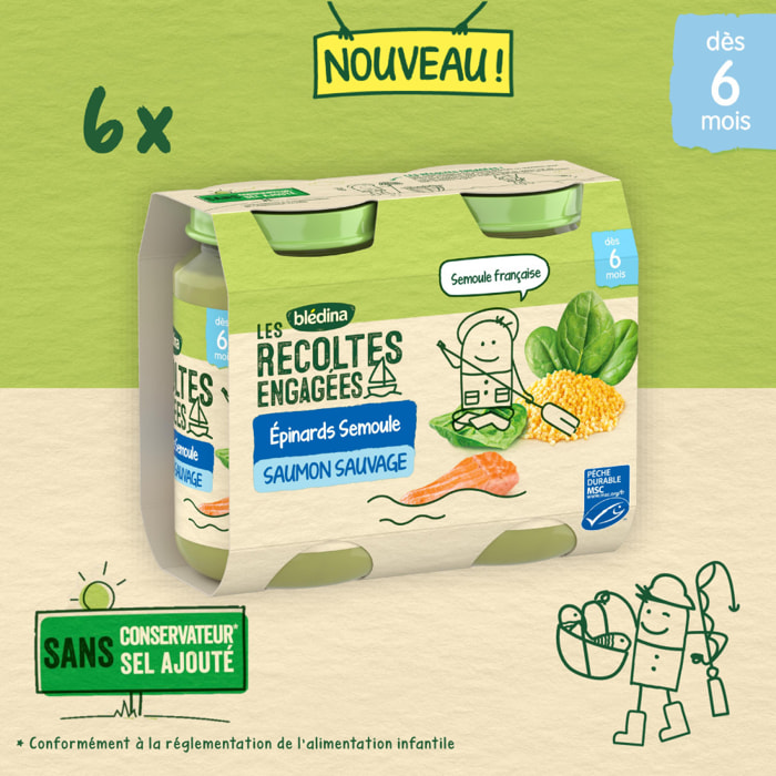 6x2 Petits Pots Epinards, Semoule et Saumon Sauvage - Bledina Les Recoltes Engagées - Dès 6 mois