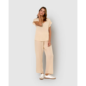 Pantalón largo mujer bambula detalles plisados beige
