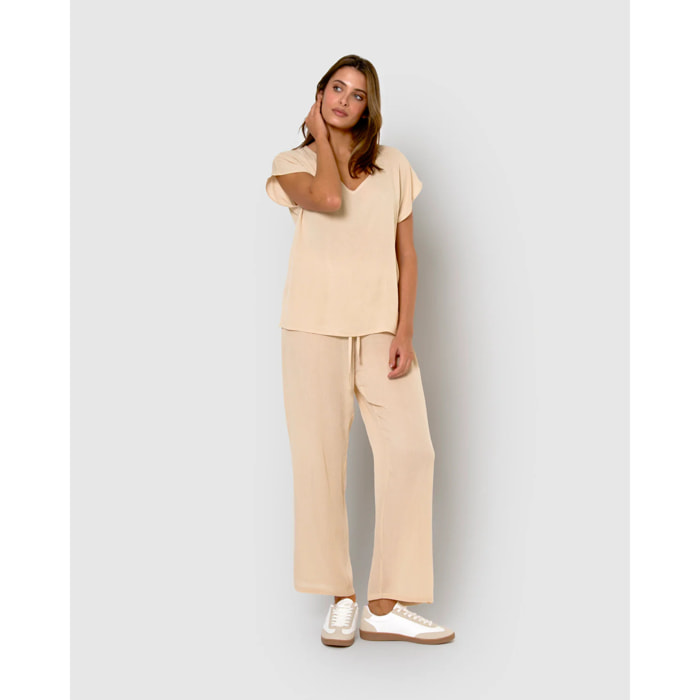 Pantalón largo mujer bambula detalles plisados beige