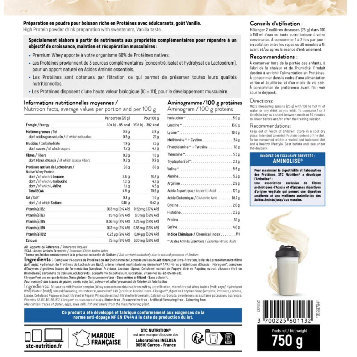 STC NUTRITION - Premium Whey - Protéines Natives Lactosérum Hypocalorique - Développement Musculaire - Aminolise Brevetée 100% Digeste - Sans Colorant ni Gluten - 30 Shakers - 750g - Vanille