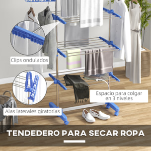 Tendedero Vertical Plegable Tendedero de Ropa con 6 Ruedas 2 Laterales Abatibles Estantes Ajustables y Marco de Acero Inoxidable para Interior y Exterior Azul