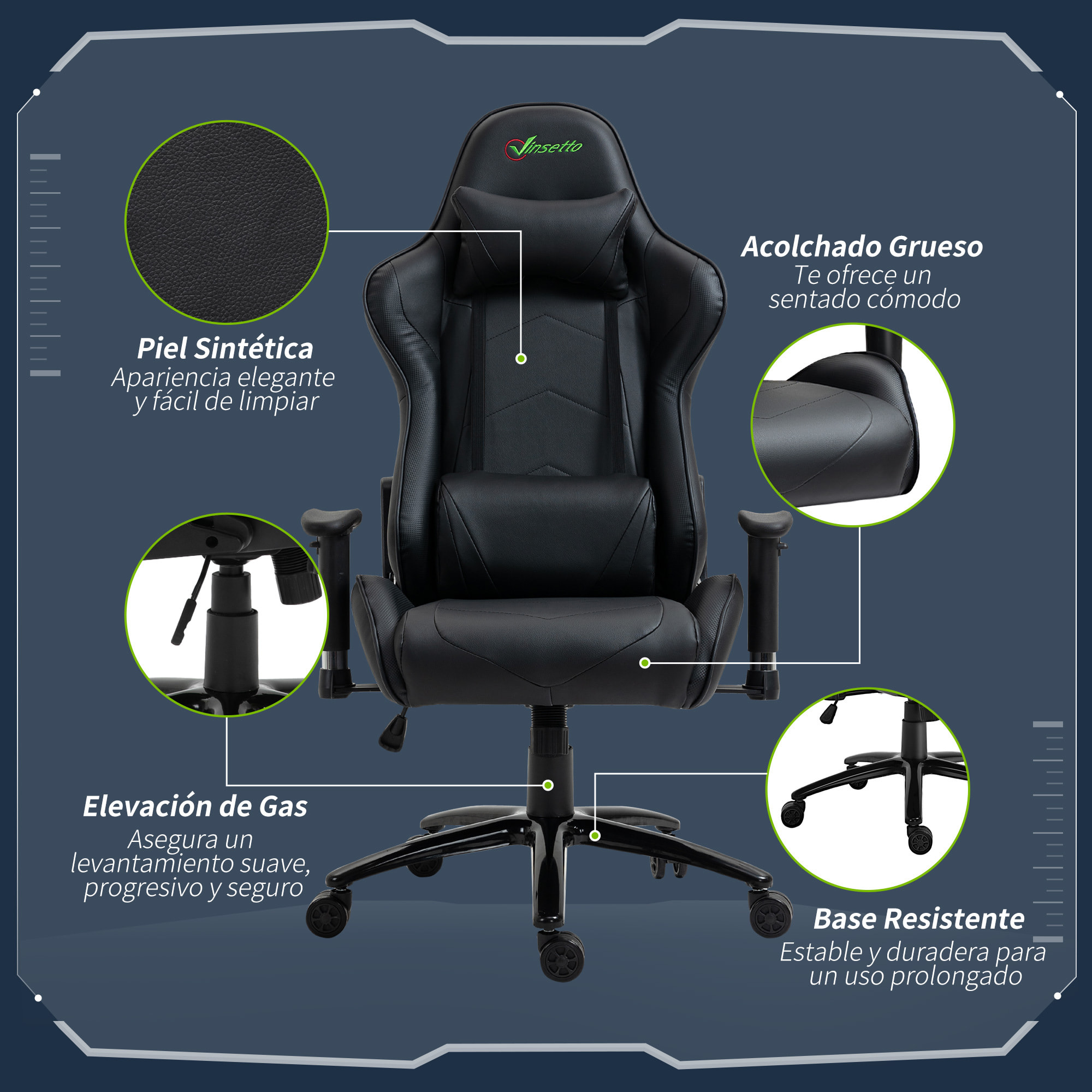 Vinsetto Silla Gaming Ergonómica Silla de Escritorio Giratoria Reclinable Altura Ajustable con reposabrazos 2D Regulable Reposacabezas y Cojín Lumbar Cuero Sintético 73x71x128-136 cm Negro