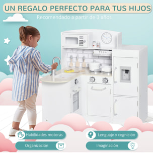 Cocina de Juguete de Madera para Niños de +3 Años con 14 Accesorios Separable Cocinita Infantil con Sonido Nevera Microondas Fregadero Campana 86x64x84,5 cm Blanco