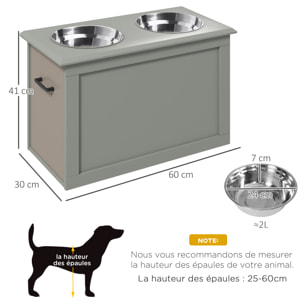 Gamelle double chien chat Porte-gamelles surélevé dim. 60L x 30l x 41H cm 2 gamelles poignées coffre MDF gris