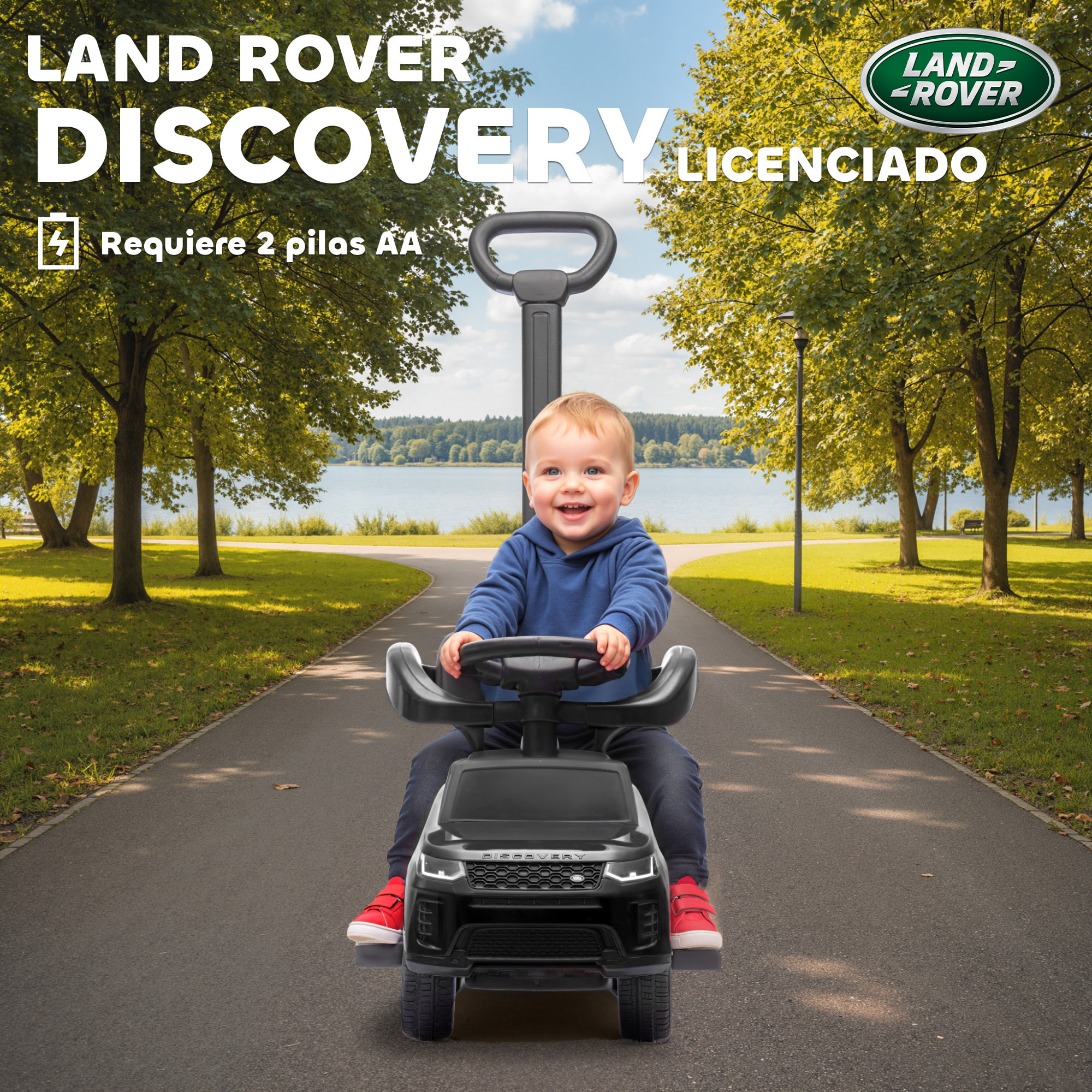 Coche Correpasillos 2 en 1 para Niños de 18-36 Meses LAND ROVER DISCOVERY, Correpasillos con Espacio de Almacenaje, Bocina, Volante, Mango de Empuje y Barandilla Extraíbles, Negro