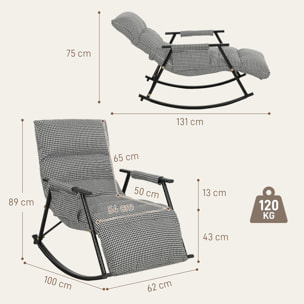 Silla Mecedora con Respaldo y Reposapiés Ajustables, Mecedora Sillón Balancín 105°, Tapizada en Lino, con Bolsillo Lateral y Marco de Metal, Carga 120 kg, para Dormitorio, Salón, Negro y Blanco