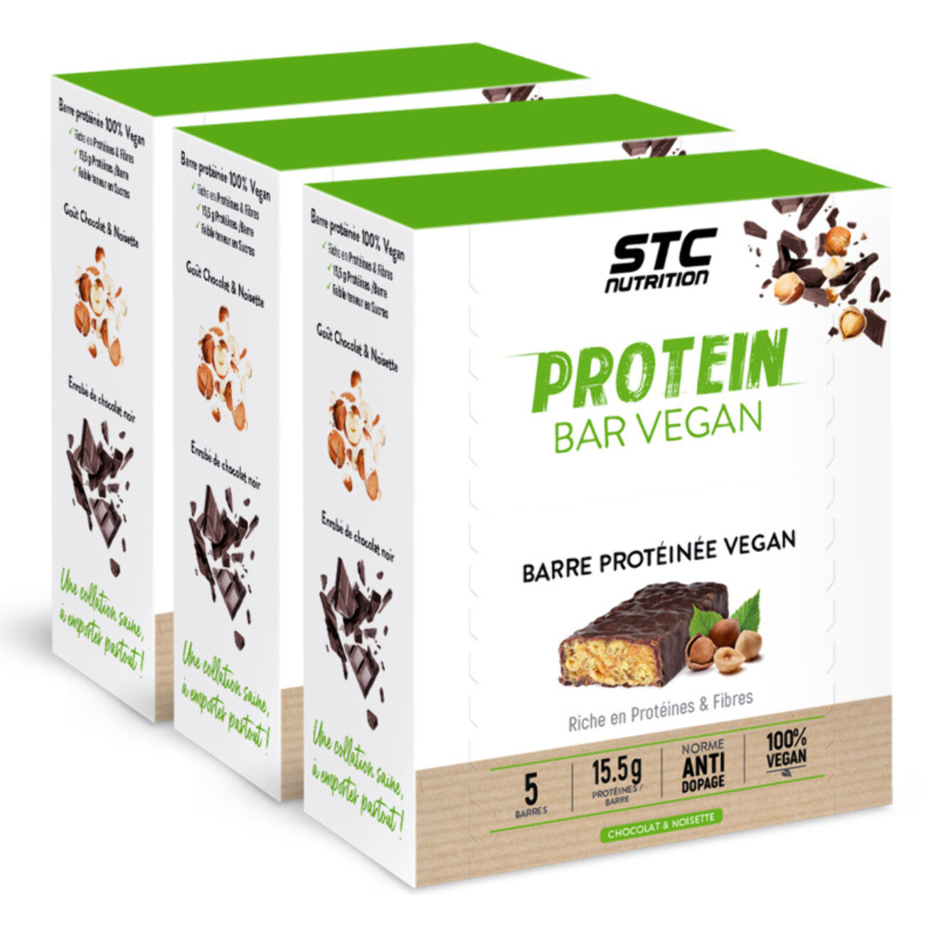 STC Nutrition - Protein Bar Vegan Chocolat Noisette - 15,5 g de Protéines par Barre - Riche en Fibres - 100 % Vegan - Lot de 3 Étuis de 5 Barres x 45 g