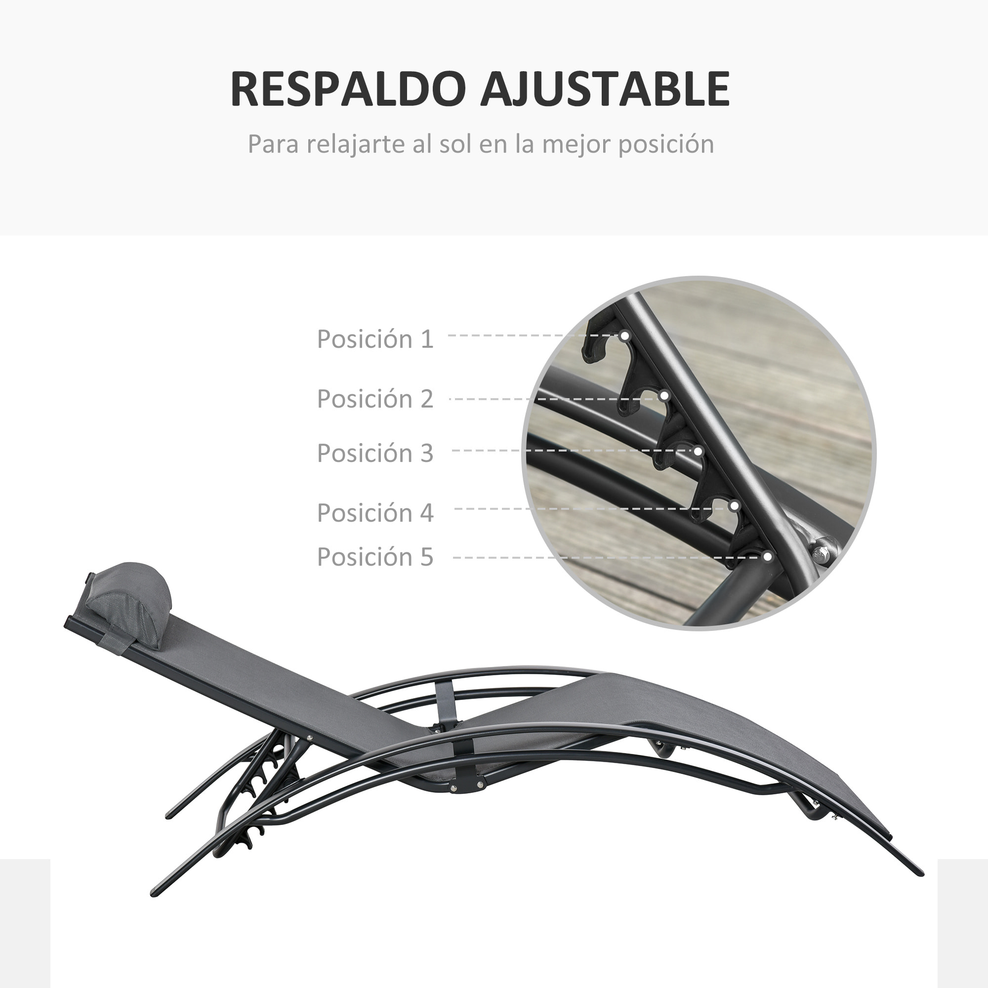 Tumbona Reclinable con Respaldo Ajustable Reposacabezas Extraá­ble Aluminio Gris
