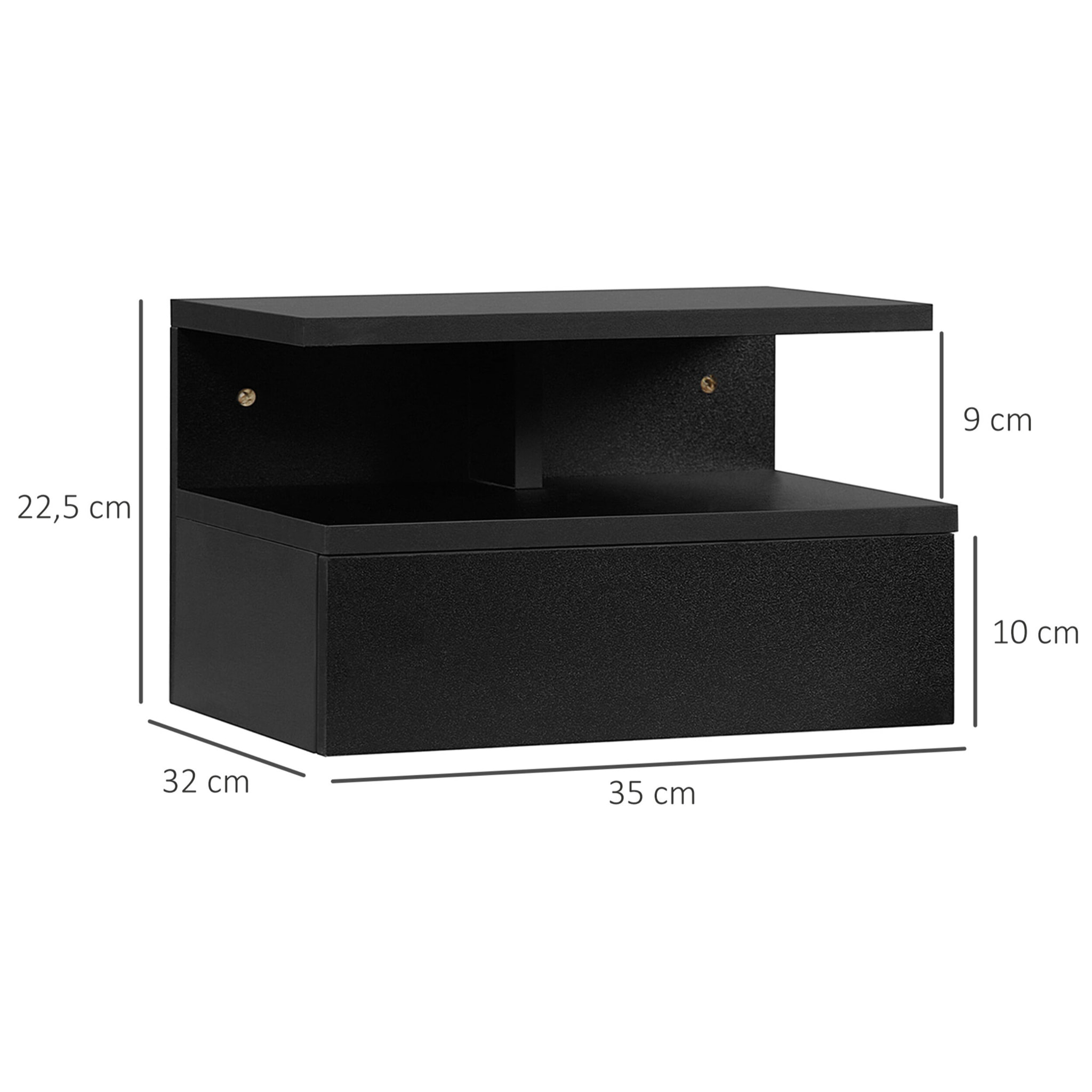 HOMCOM Set de 2 Mesitas de Noche Flotantes con 1 Cajón y Estante Abierto Diseño Moderno Montado en la Pared 35x32x22,5 cm Negro