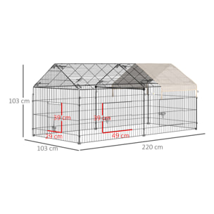 Parc enclos métal époxy cage extérieure dim. 2,20L x 1,03l x 1,03H m 3 portes et trappe surface abrité PE beige