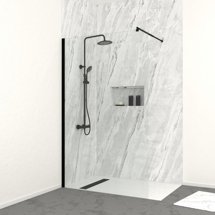 Paroi de Douche 120cm Verre 8mm - Profilé + Bras extensible + Colonne Thermostatique NOIR MAT