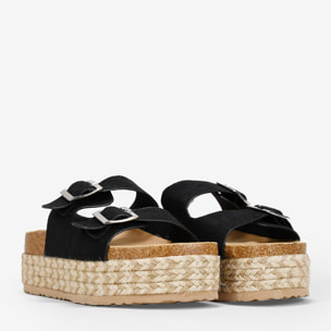 Sandalias de plataforma negras con suela de esparto bicolor