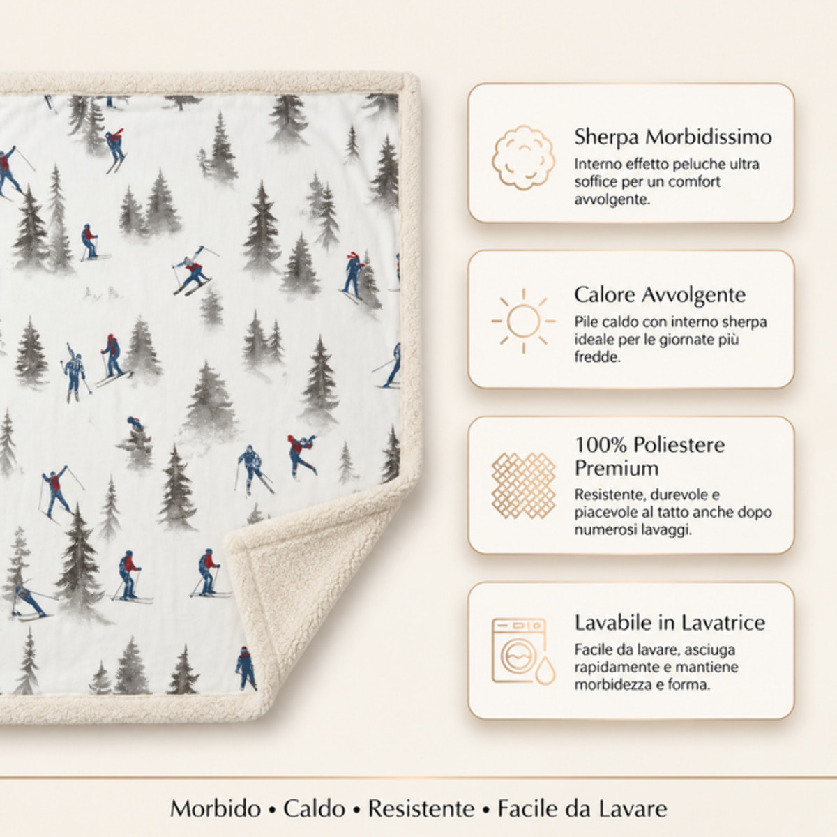 Plaid Sherpa in poliestere - Fantasia Sciatori e Abeti