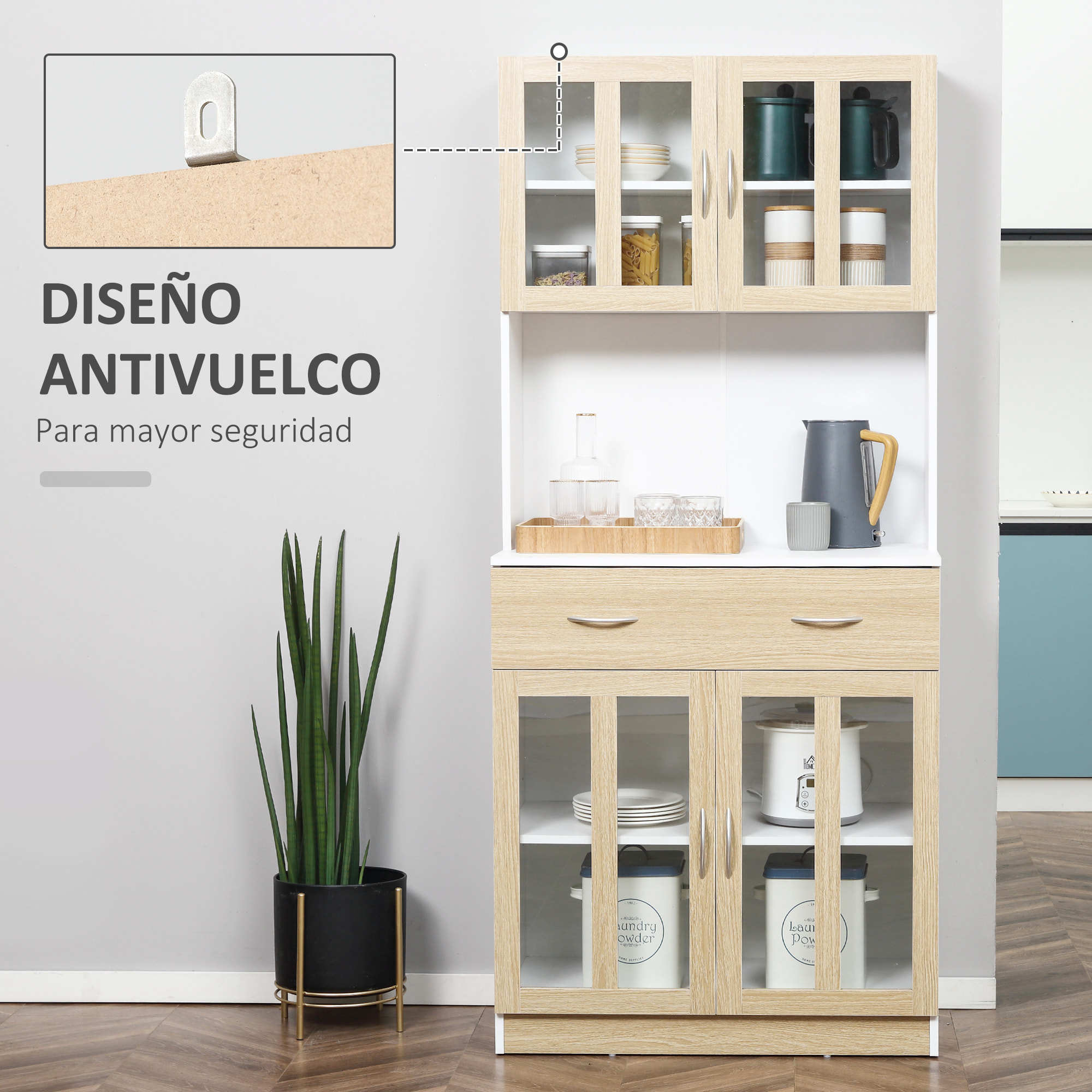 Alacena de Cocina Alta, Mueble Auxiliar de Cocina, con 4 Puertas de Vidrio, Encimera Abierta para Microondas, Cajón, Estantes Ajustables, 80x40x180 cm, Blanco y Natural