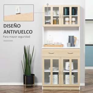 Alacena de Cocina Alta, Mueble Auxiliar de Cocina, con 4 Puertas de Vidrio, Encimera Abierta para Microondas, Cajón, Estantes Ajustables, 80x40x180 cm, Blanco y Natural